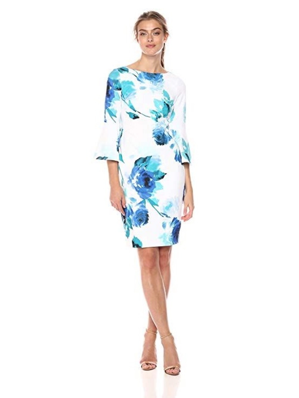 Calvin Klein Elegant White Floral Sheath Dress with Blue Bloom Print